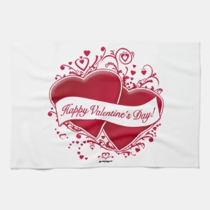 Happy Valentine's Day! Red Hearts Tea Towel
