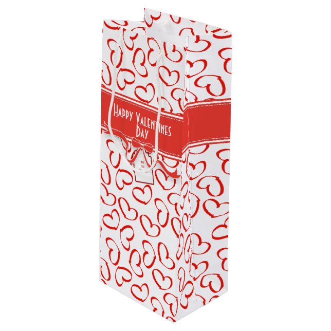 Happy Valentine's Day Red Open Hearts Pattern Wine Gift Bag (Front Angled)