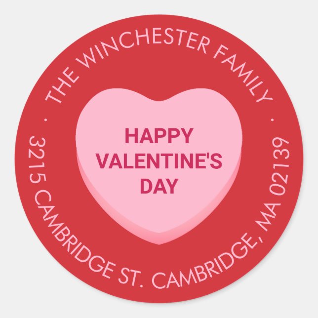 Happy Valentine's Day red pink candy heart address Classic Round Sticker (Front)