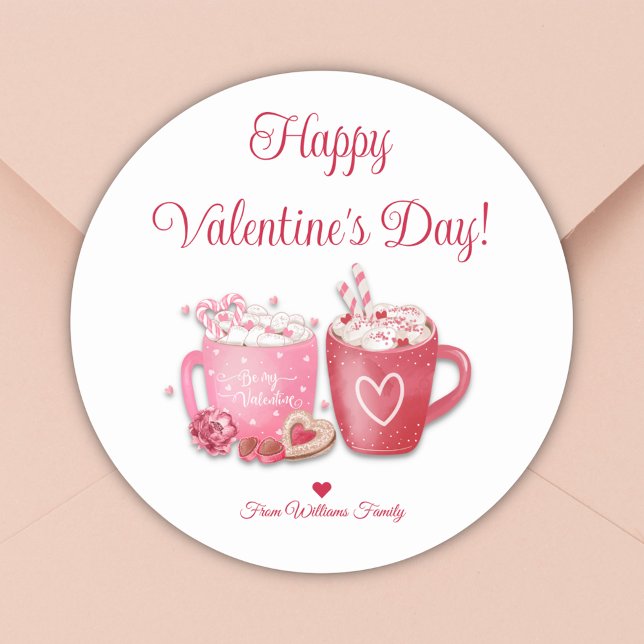 happy valentines day,red pink hot chocolate classic round sticker (Creator Uploaded)