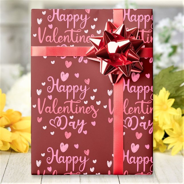 Happy Valentine's Day Red Pink Script Hearts Wrapping Paper (Creator Uploaded)