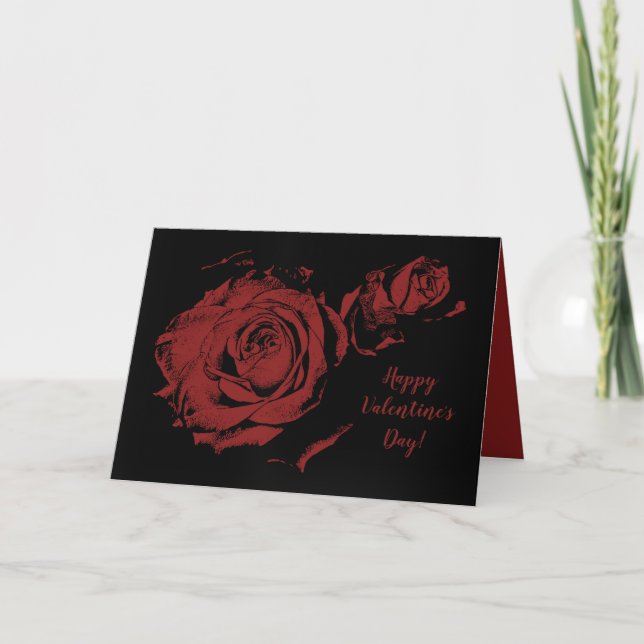 Happy Valentine's Day Red Rose Stamped on Black Holiday Card (Front)