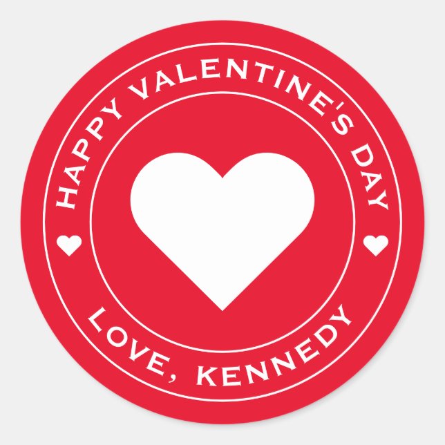 Happy Valentines Day Red White Heart Unique Chic Classic Round Sticker (Front)