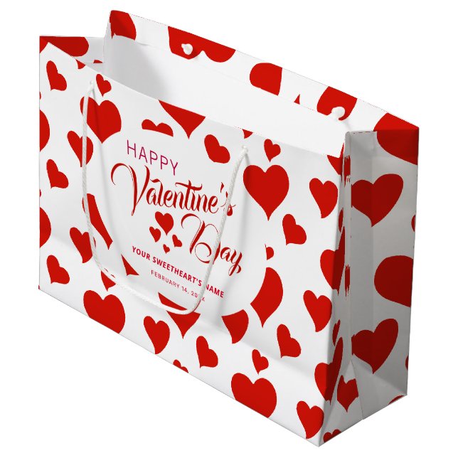 HAPPY VALENTINE'S DAY ROMANTIC RED HEARTS CUSTOM LARGE GIFT BAG (Front Angled)