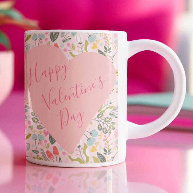 Happy Valentines Day script cute pink heart Coffee Mug (Creator Uploaded)