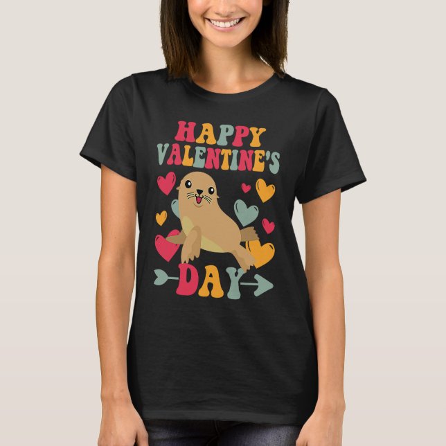 Happy Valentines Day Sea Lion Heart Love Groovy T-Shirt (Front)