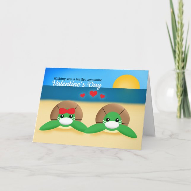 Happy Valentine's Day Sea Turtles in Covid Masks Holiday Card (Front)