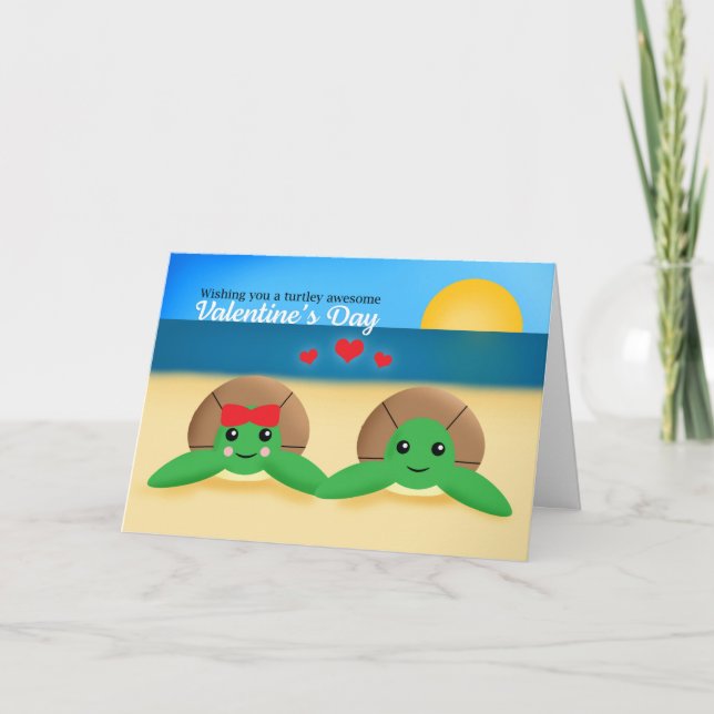 Happy Valentine's Day Sea Turtles on the Beach Holiday Card (Front)