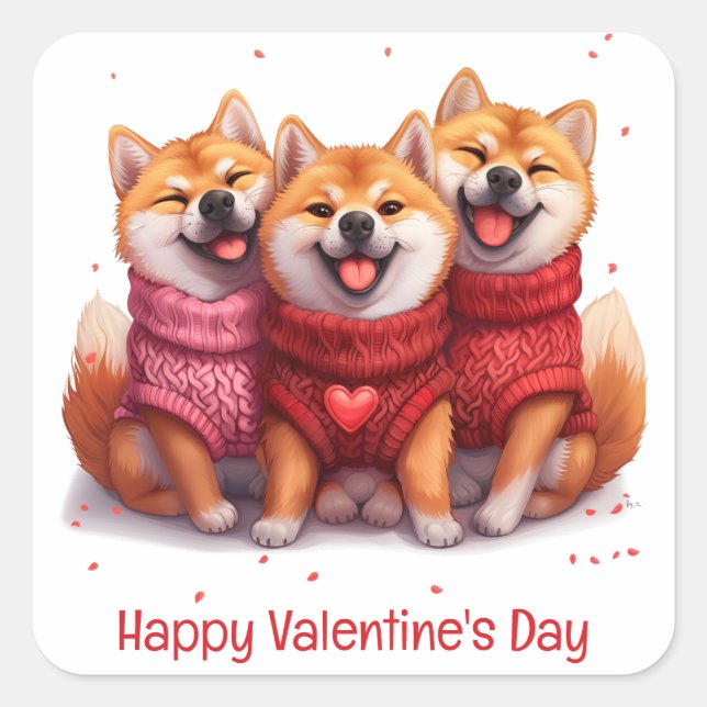Happy Valentines Day Shiba Inu Dogs Square Sticker (Front)