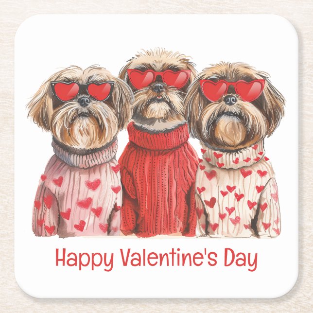 Happy Valentines Day Shih Tzu Dogs Square Paper Coaster (Front)