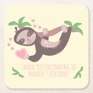 Happy Valentine's Day Sloth Hearts Birthday Square Paper Coaster