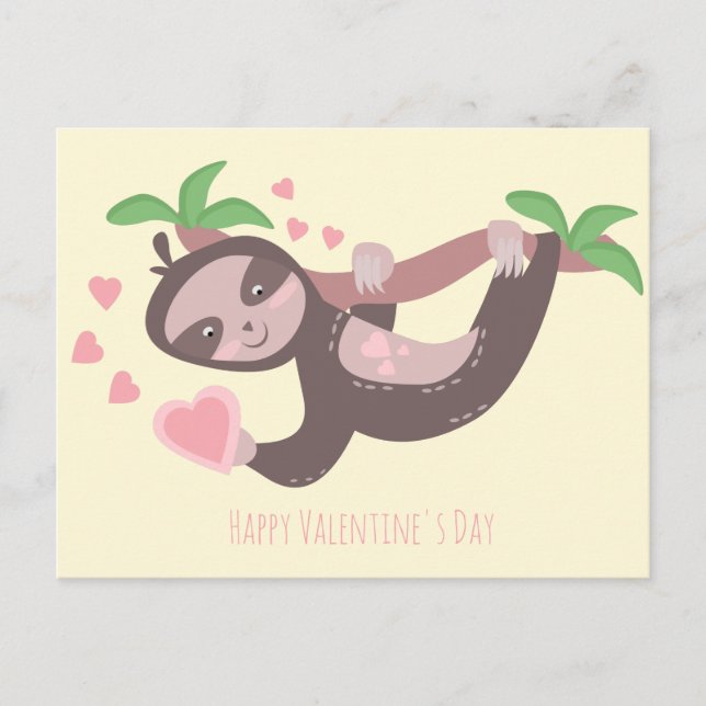 Happy Valentine's Day Sloth Hearts Illustration Postcard (Front)