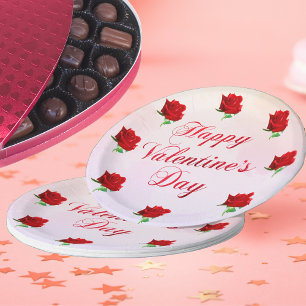 Happy Valentine's Day Soft Pastel Red Roses Party Paper Plate