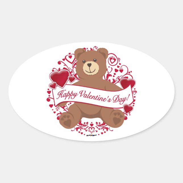 Happy Valentine's Day! Teddy Bear Oval Sticker (Front)