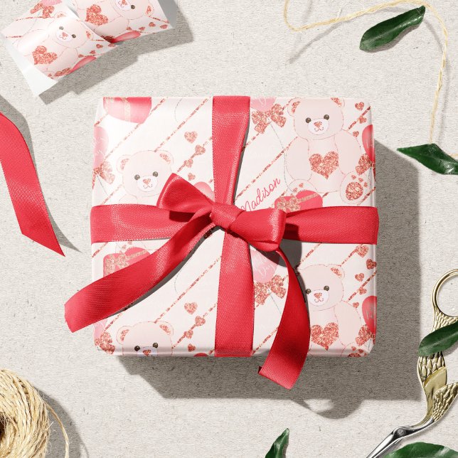 Happy Valentine's Day Teddy Bear Pattern on Pink Wrapping Paper (Creator Uploaded)
