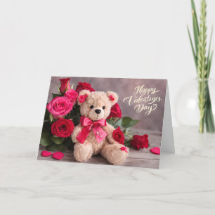 Happy Valentine's Day Teddy Bear with Roses Holiday Card