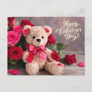 Happy Valentine's Day Teddy Bear with Roses Holiday Postcard