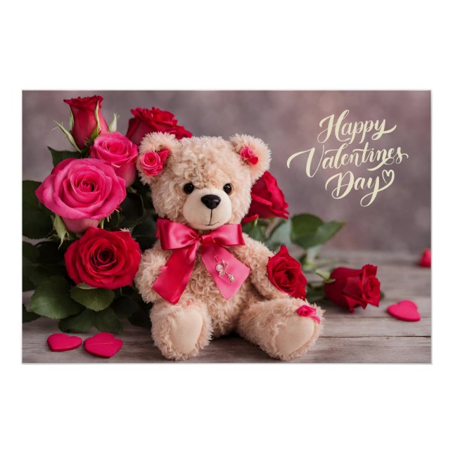 Happy Valentine's Day Teddy Bear with Roses  Poster (Front)