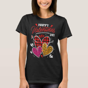 Happy Valentine's Day Three Leopard And Plaid Hear T-Shirt