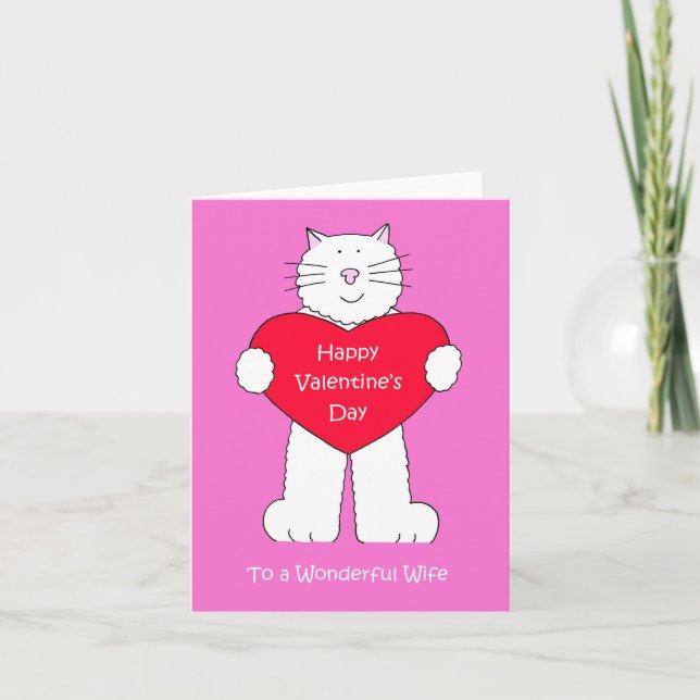 Happy Valentine's Day to Wife Cartoon White Cat Card (Front)