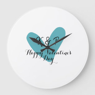 Happy Valentine's day turquoise heart name letter  Large Clock