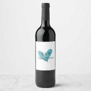 Happy Valentine's day turquoise heart name letter Wine Label