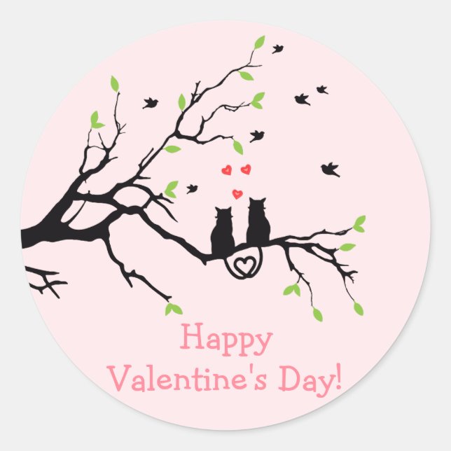 Happy Valentine's Day Two Black Cats in Love Classic Round Sticker (Front)