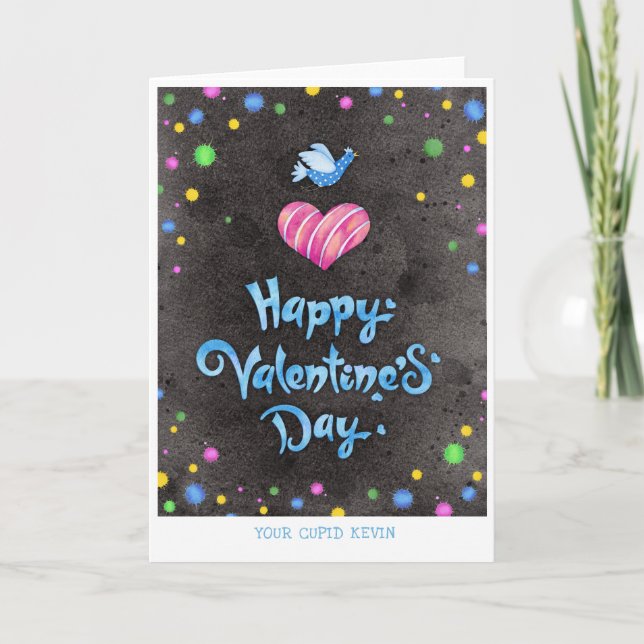 Happy Valentines Day Typography Cute Bird & Heart Holiday Card (Front)