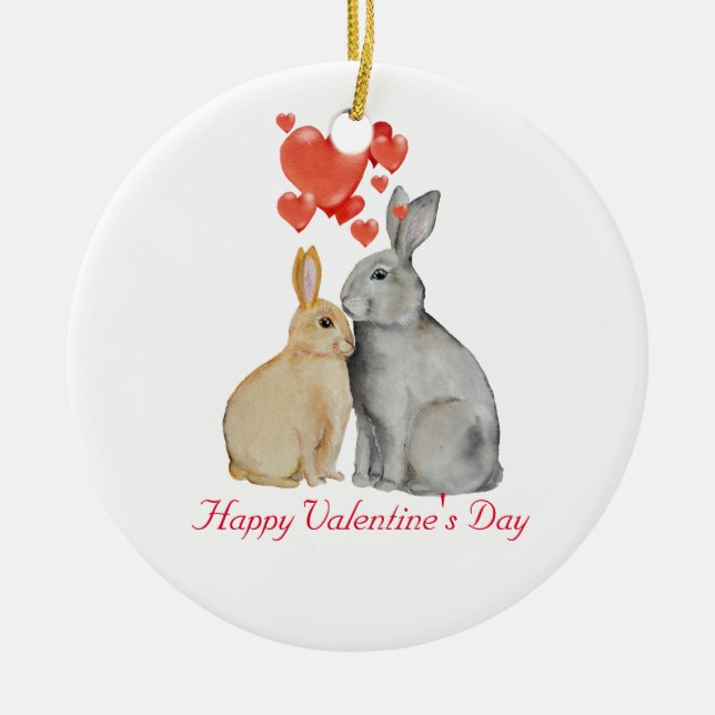 Happy Valentine's Day watercolor bunnies Ceramic Ornament (Front)