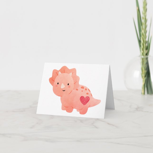 Happy Valentine's Day  Watercolor Dinosaur & Heart Card (Front)