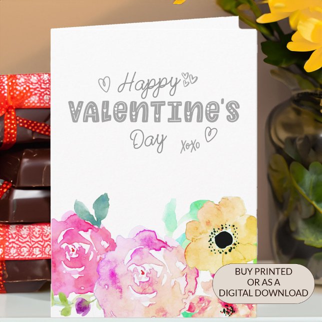 Happy Valentine's Day Watercolor Floral Holiday Card (Feminine floral Valentines Day Card with whimsical style)