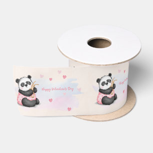 Happy Valentine's Day Watercolor Heart Panda Bunny Satin Ribbon