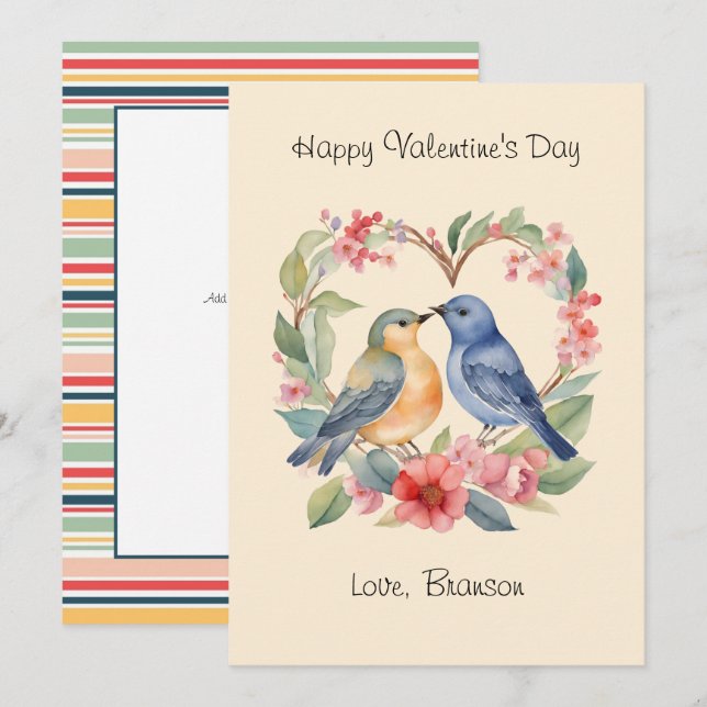 Happy Valentine's Day Watercolor Love Birds Card (Front/Back)