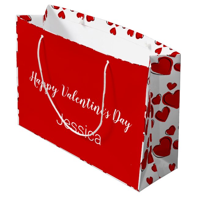 Happy Valentine's Day White and Red with Hearts Large Gift Bag (Back Angled)