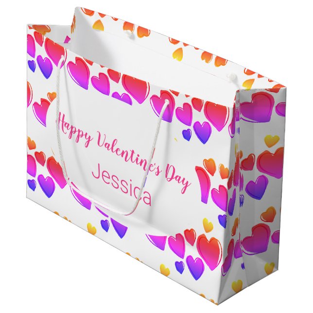 Happy Valentine's Day White Purple and Pink Hearts Large Gift Bag (Front Angled)
