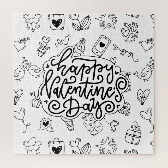 Happy Valentine's Day with Black Text and cute art Jigsaw Puzzle (Vertical)