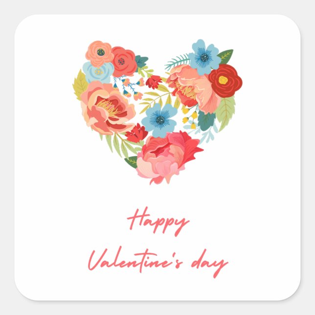 Happy Valentine's Day With Flowers Colourful   Square Sticker (Front)