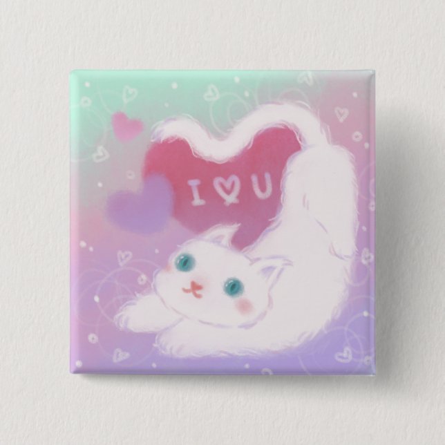 Happy Valentine's Day with Fluffy White Cat 15 Cm Square Badge (Front)