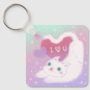 Happy Valentine's Day with Fluffy White Cat Key Ring