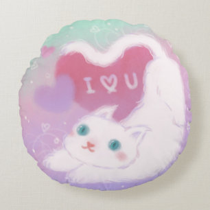 Happy Valentine's Day with Fluffy White Cat Round Cushion