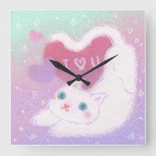 Happy Valentine's Day with Fluffy White Cat Square Wall Clock