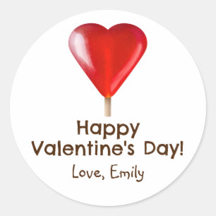 Happy Valentines Day with red heart lollipop  Classic Round Sticker