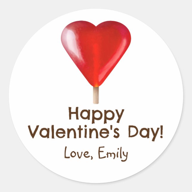 Happy Valentines Day with red heart lollipop  Classic Round Sticker (Front)