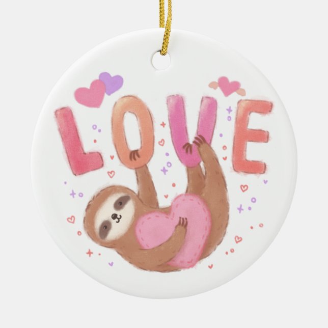 Happy Valentine's Day with Sloth Ceramic Ornament (Front)