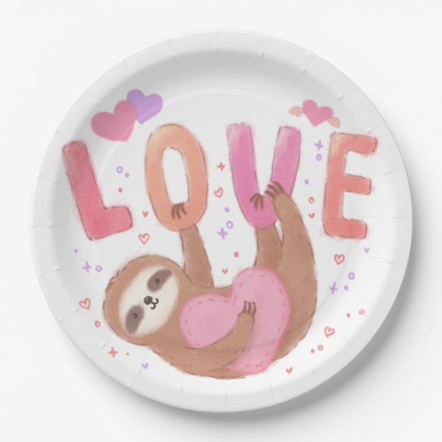 Happy Valentine's Day with Sloth Paper Plate (Front)