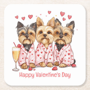 Happy Valentines Day Yorkie Dogs Square Paper Coaster