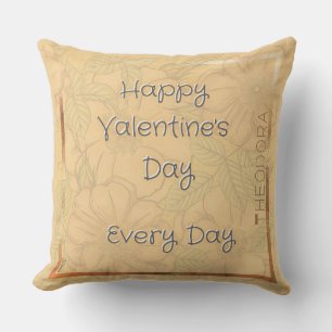 Happy Valentines Delicate Floral Beige Gold Text Cushion