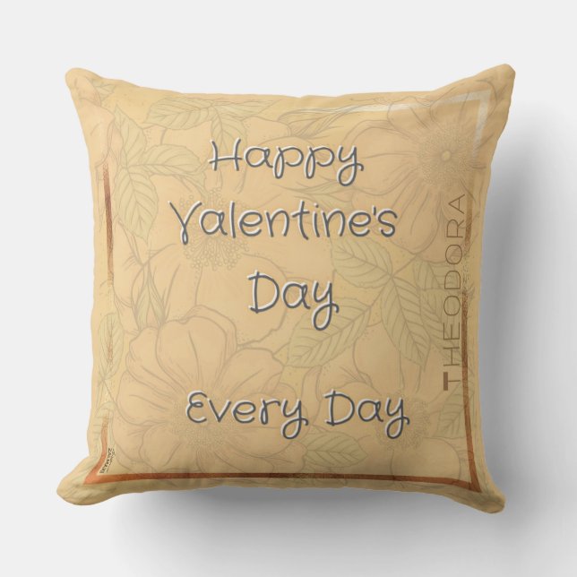 Happy Valentines Delicate Floral Beige Gold Text Cushion (Front)