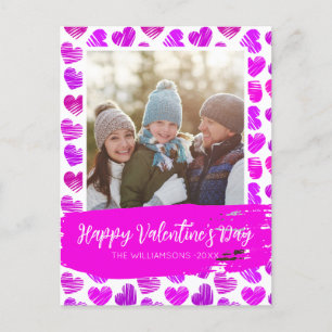 Happy Valentines Modern Purple Pink Heart Photo Holiday Postcard