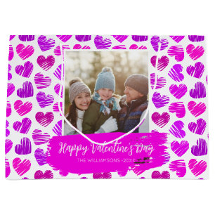 Happy Valentines Modern Purple Pink Heart Photo Large Gift Bag